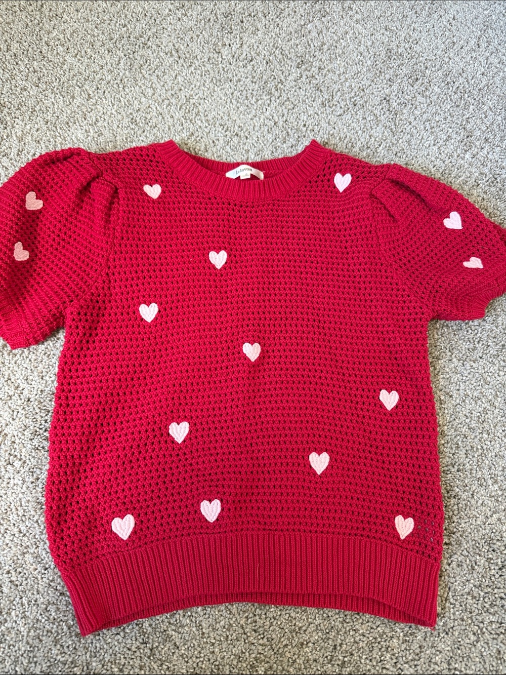 Red Short-Sleeve Heart Knit Sweater - Crew Neck